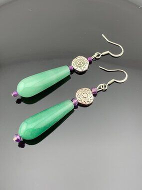 Green Aventurine Purple Amethyst Gemstone Beads Long Handcrafted Earrings LR212